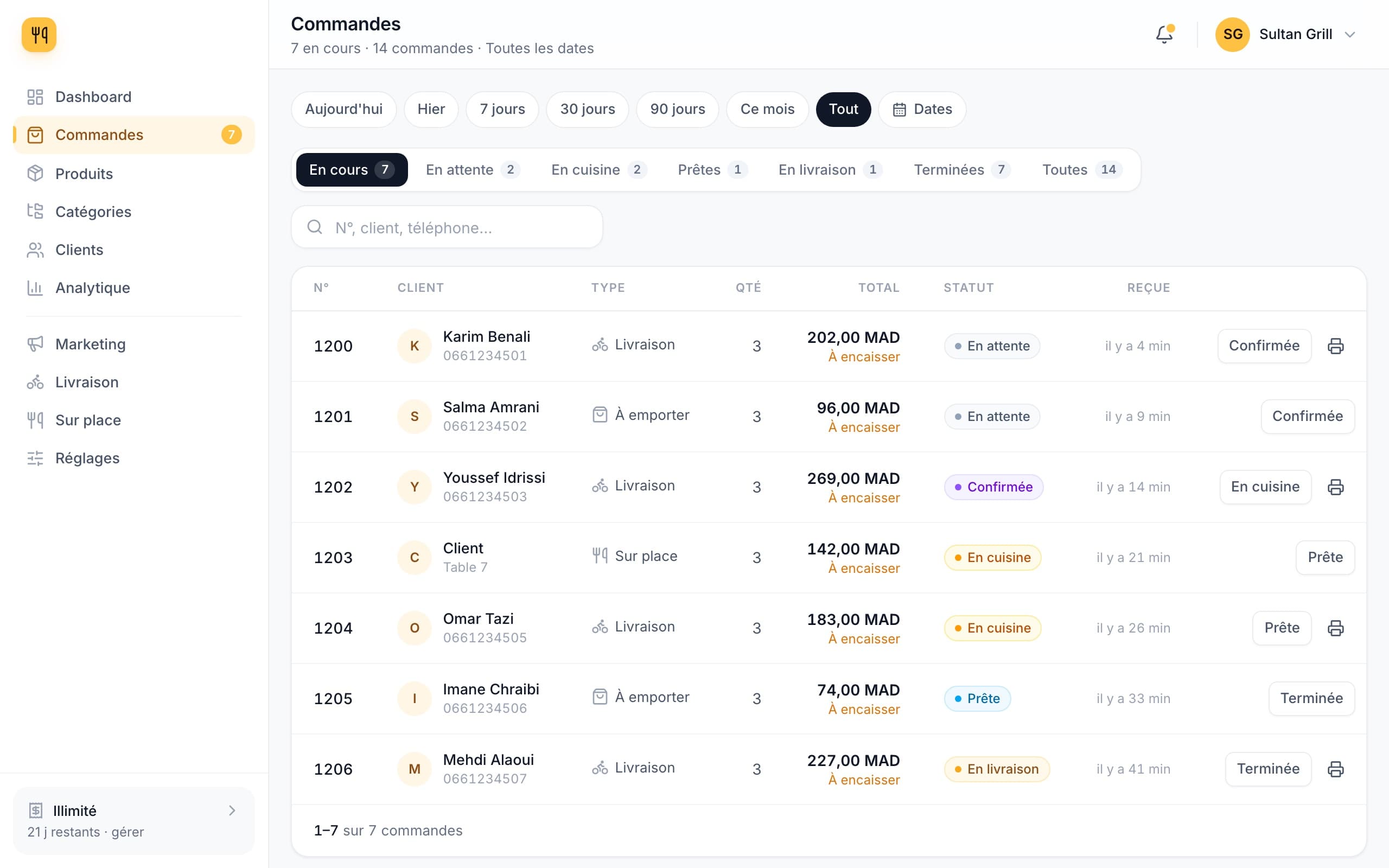 Écran des commandes GoMenu : file des commandes en cours, statut et montant